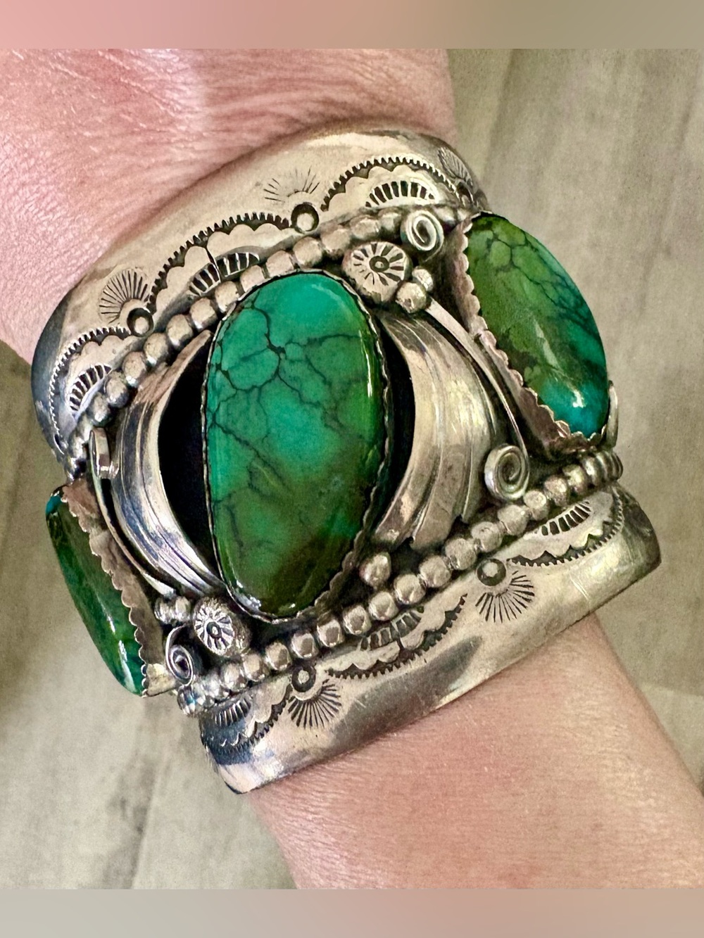 Raymond Gurdal Sterling Silver Royston Green Turquoise Wide Cuff Bracelet 117g